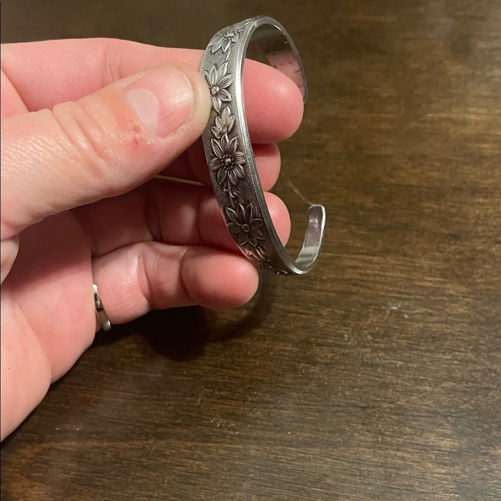 Floral Patterned Silver Cuff Bracelet - image 1